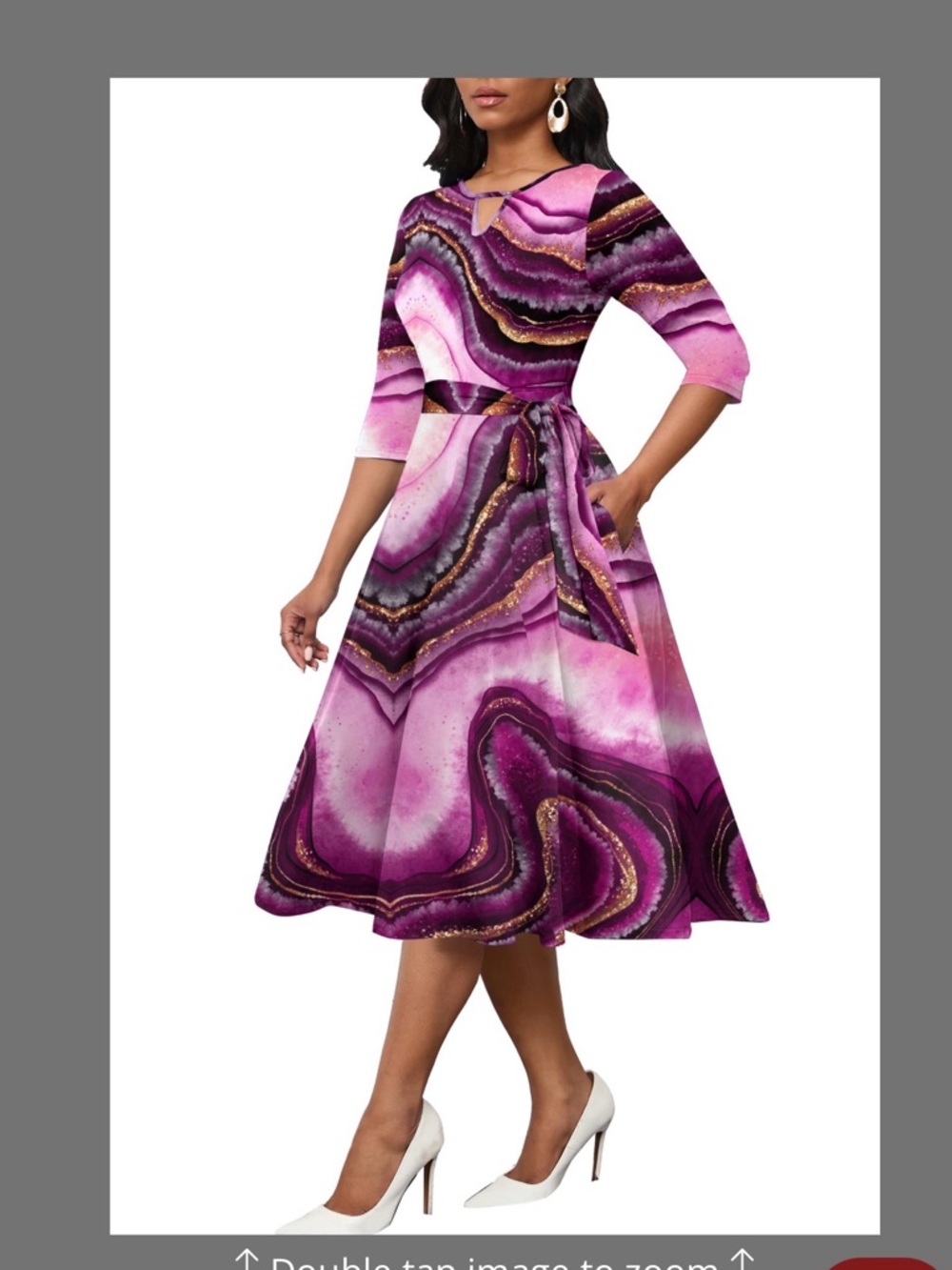 Purple Marble-Print Midi Dress with Tie Waist